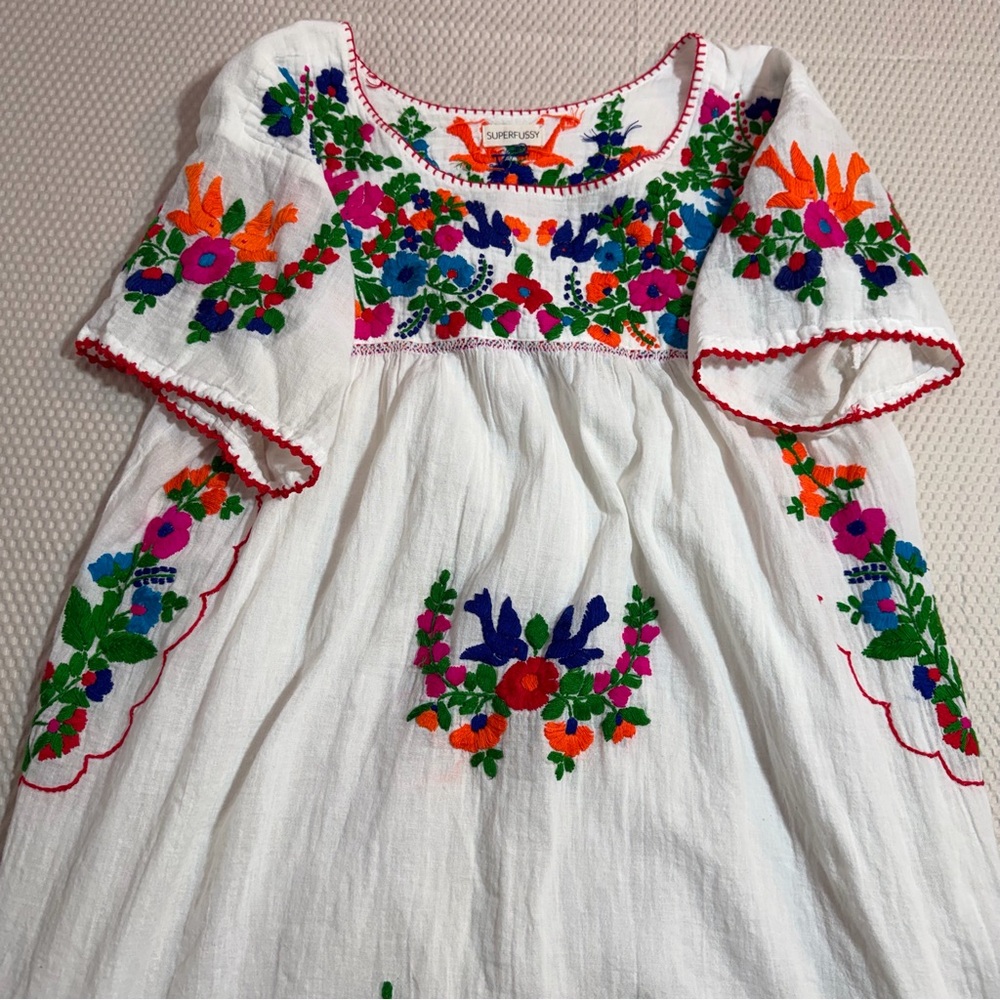 Superfussy Embroidered Tunic Boho Cottagecore Floral Mexican Style White Gauze - Picture 2 of 11